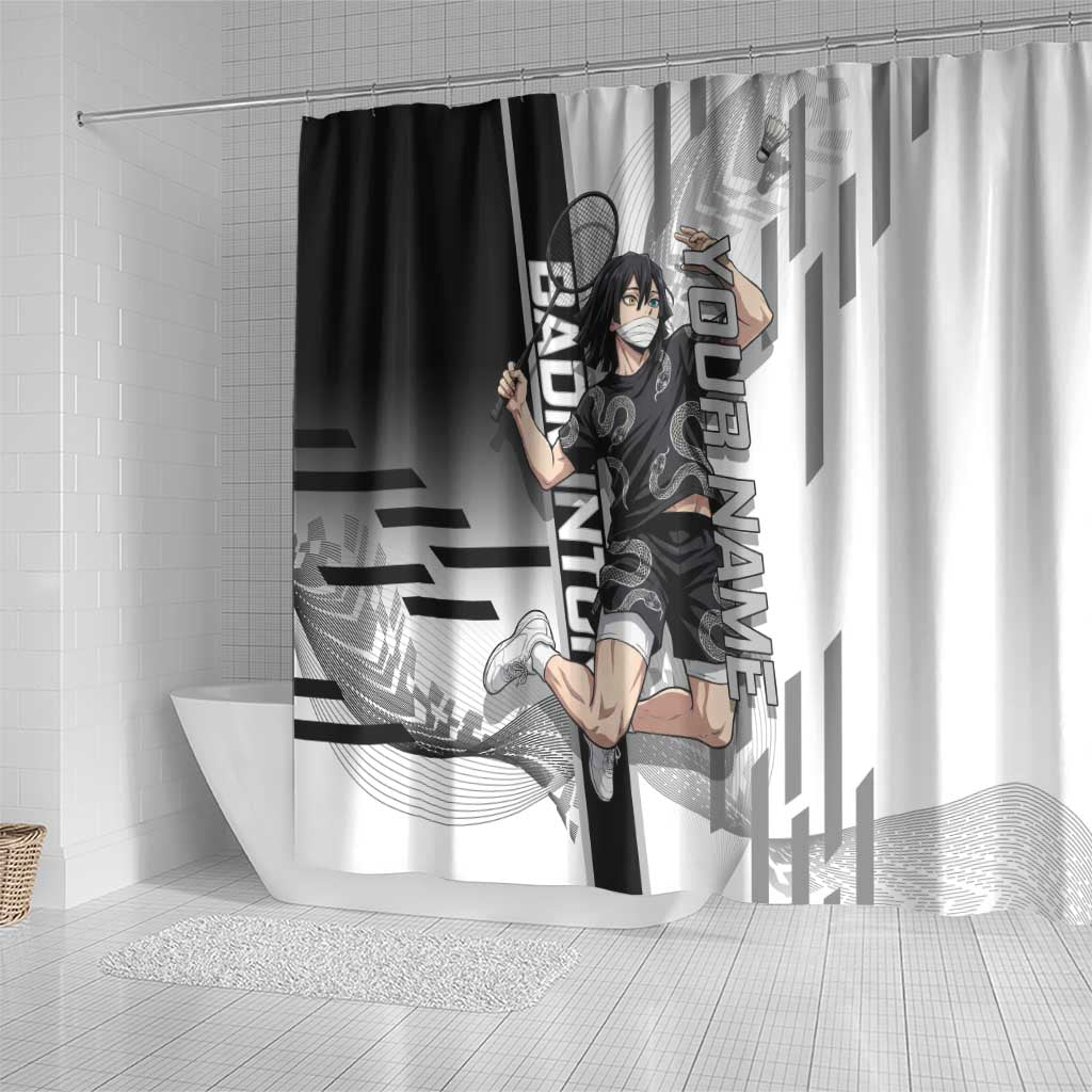 Personalized Obanai Iguro Demon Slayer Badminton Shower Curtain with Racket Action Pose and Black White Graphic Design - The Mazicc