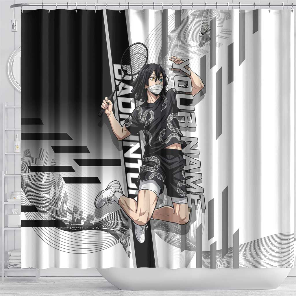 Personalized Obanai Iguro Demon Slayer Badminton Shower Curtain with Racket Action Pose and Black White Graphic Design - The Mazicc