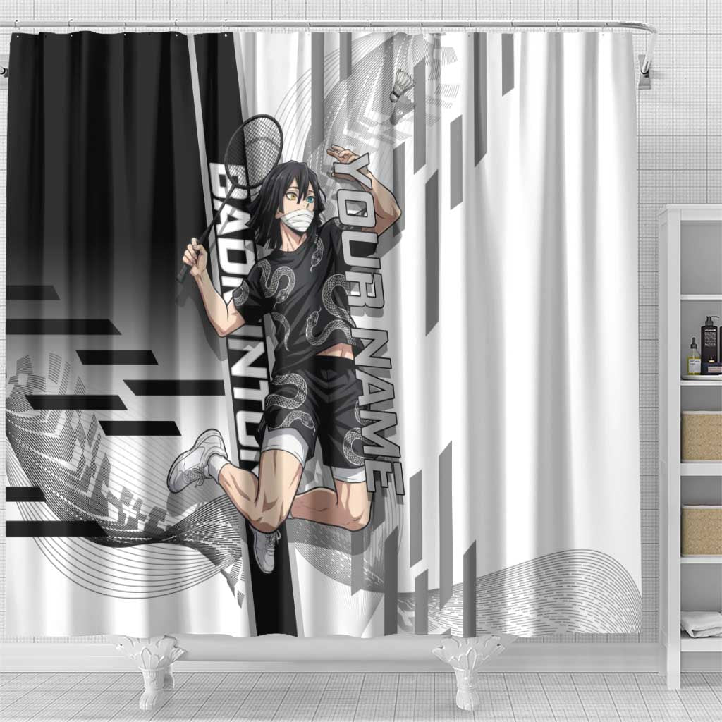 Personalized Obanai Iguro Demon Slayer Badminton Shower Curtain with Racket Action Pose and Black White Graphic Design - The Mazicc