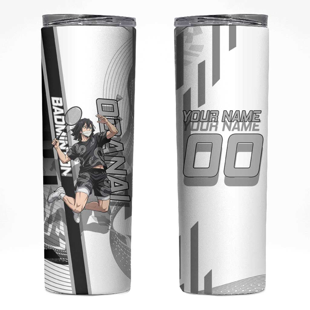 Personalized Obanai Iguro Demon Slayer Badminton Skinny Tumbler with Racket Action Pose and Black White Graphic Design - The Mazicc