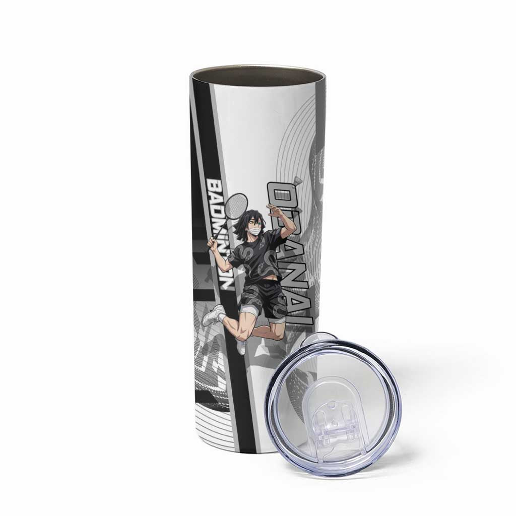 Personalized Obanai Iguro Demon Slayer Badminton Skinny Tumbler with Racket Action Pose and Black White Graphic Design - The Mazicc