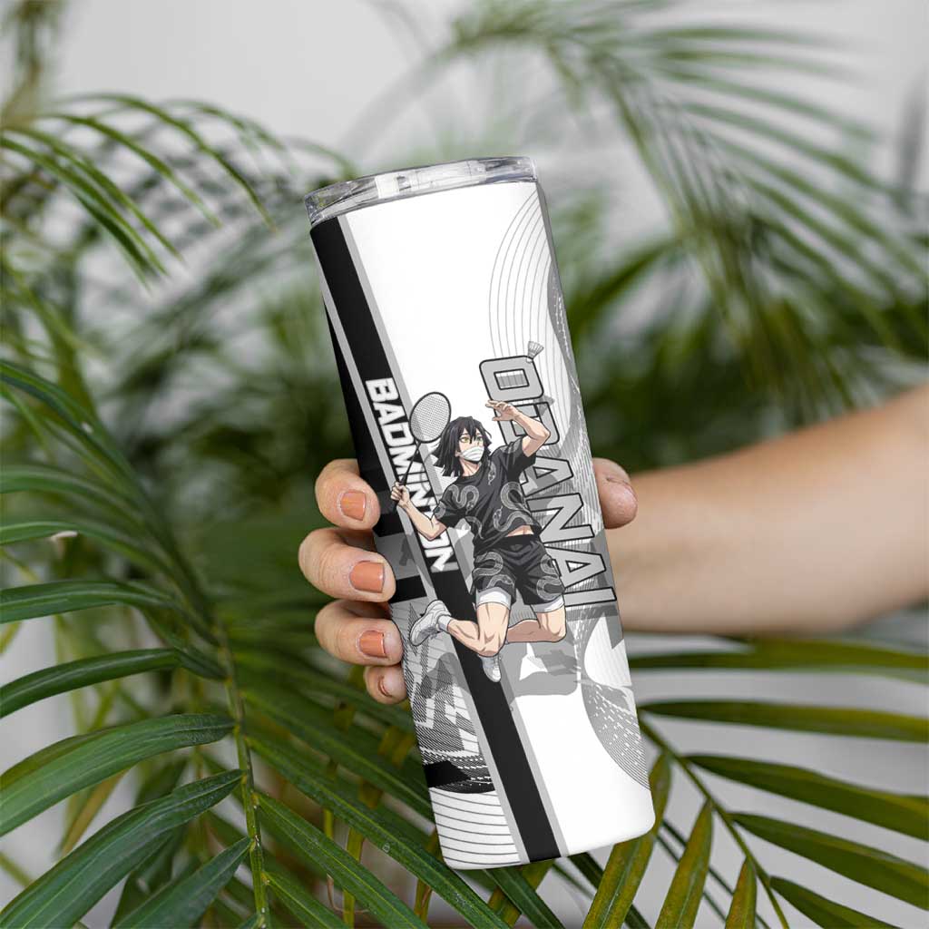 Personalized Obanai Iguro Demon Slayer Badminton Skinny Tumbler with Racket Action Pose and Black White Graphic Design - The Mazicc