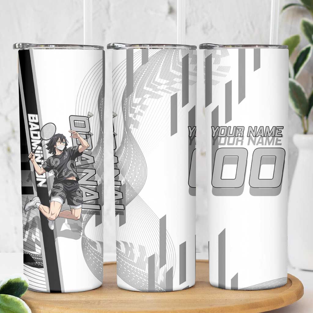 Personalized Obanai Iguro Demon Slayer Badminton Skinny Tumbler with Racket Action Pose and Black White Graphic Design - The Mazicc