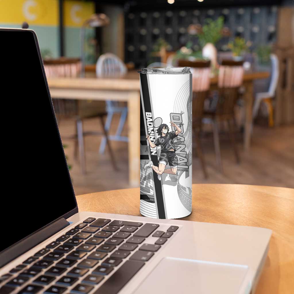 Personalized Obanai Iguro Demon Slayer Badminton Skinny Tumbler with Racket Action Pose and Black White Graphic Design - The Mazicc