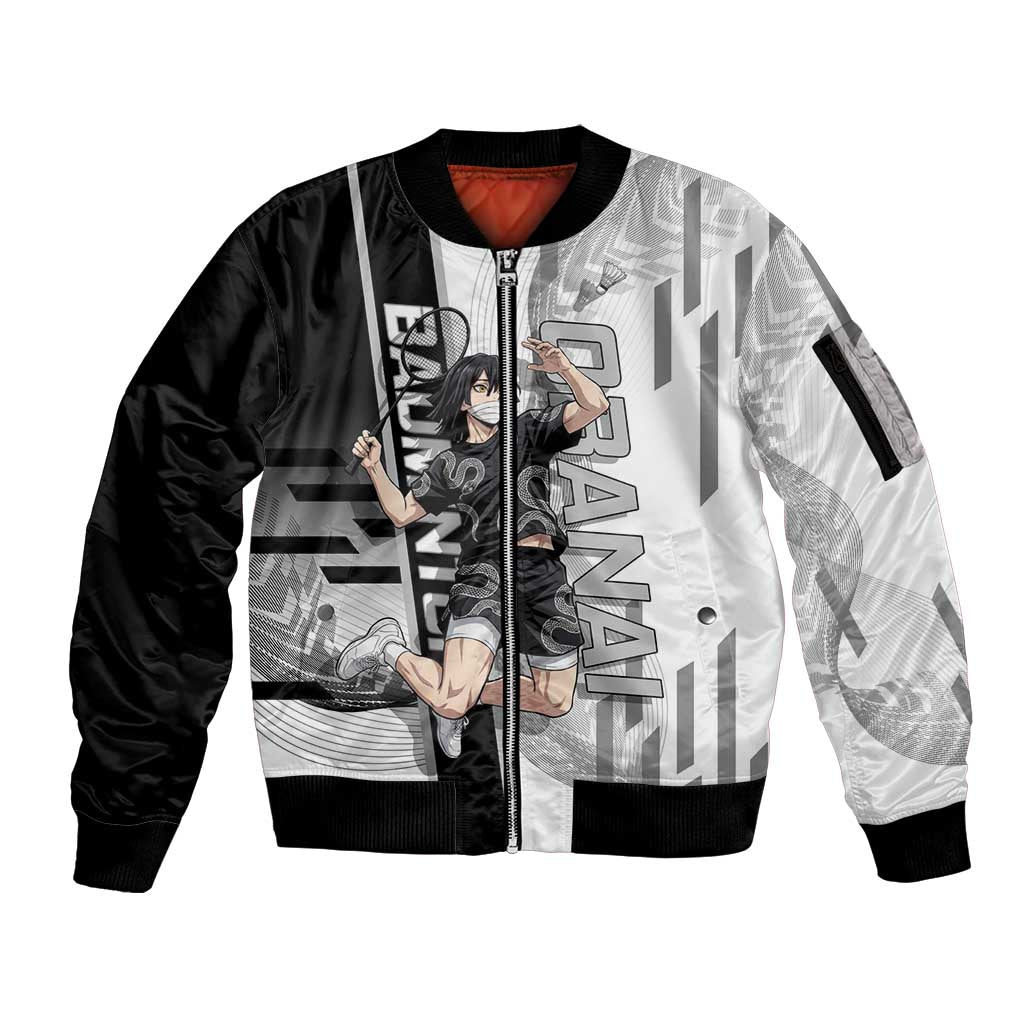 Personalized Obanai Iguro Demon Slayer Badminton Sleeve Zip Bomber Jacket with Racket Action Pose and Black White Graphic Design - The Mazicc