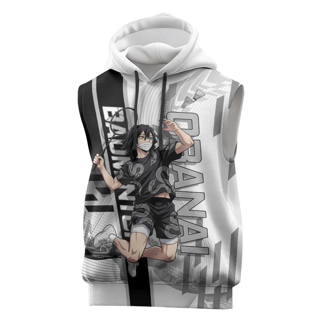 Personalized Obanai Iguro Demon Slayer Badminton Sleeveless Hoodie with Racket Action Pose and Black White Graphic Design - The Mazicc