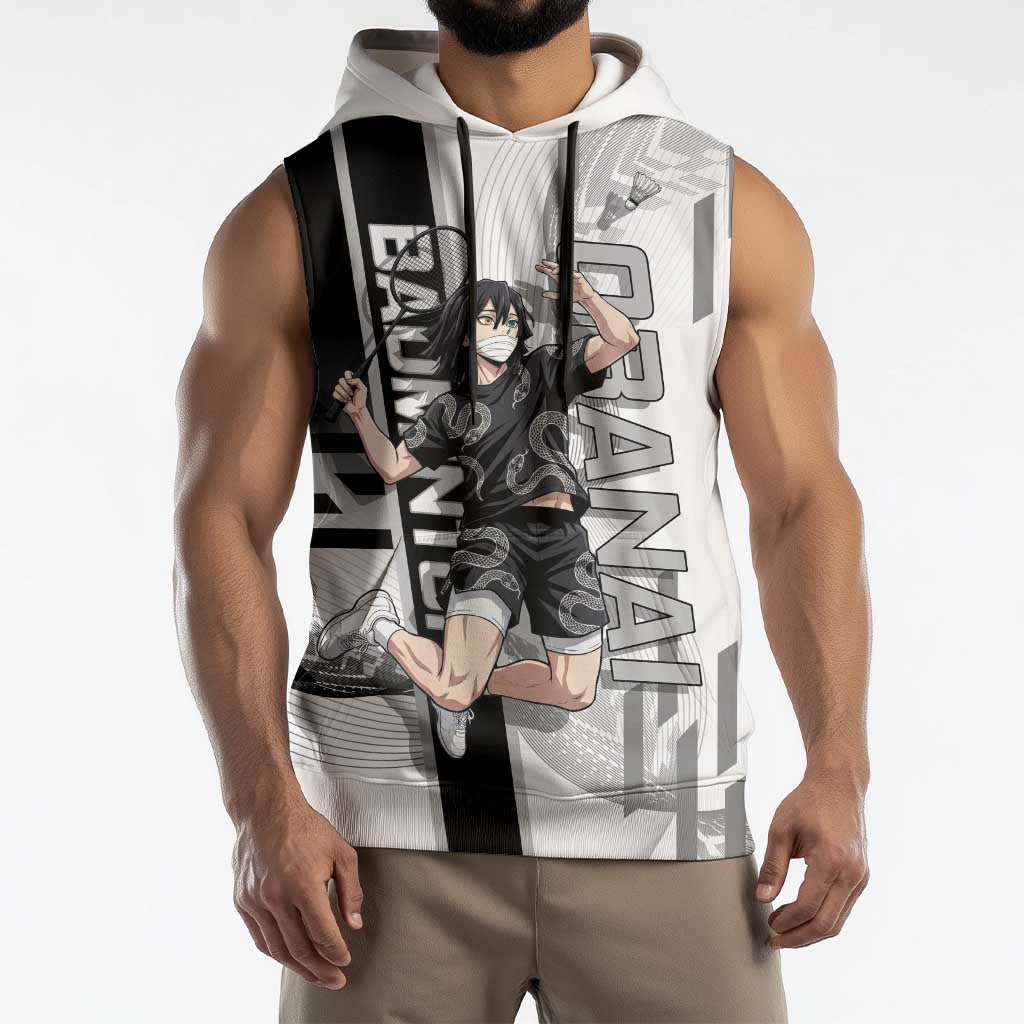 Personalized Obanai Iguro Demon Slayer Badminton Sleeveless Hoodie with Racket Action Pose and Black White Graphic Design - The Mazicc