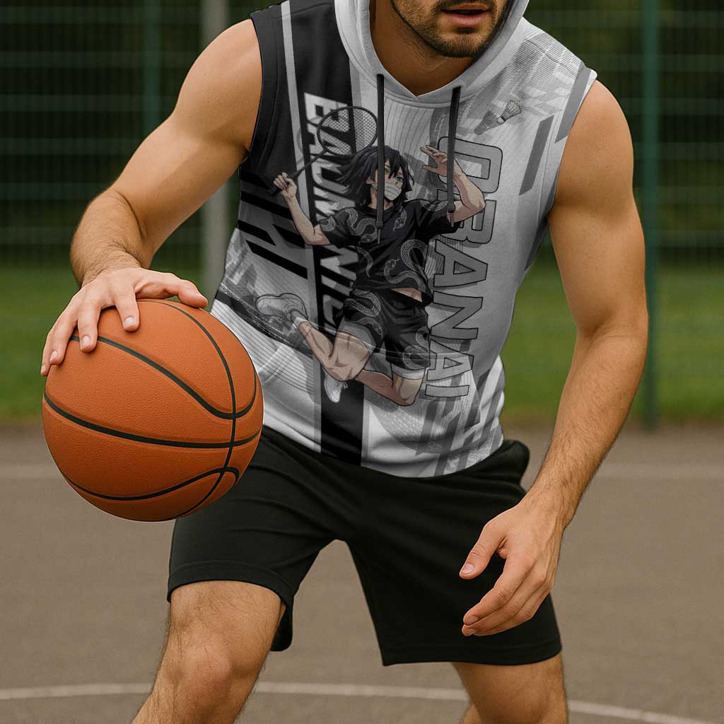 Personalized Obanai Iguro Demon Slayer Badminton Sleeveless Hoodie with Racket Action Pose and Black White Graphic Design - The Mazicc