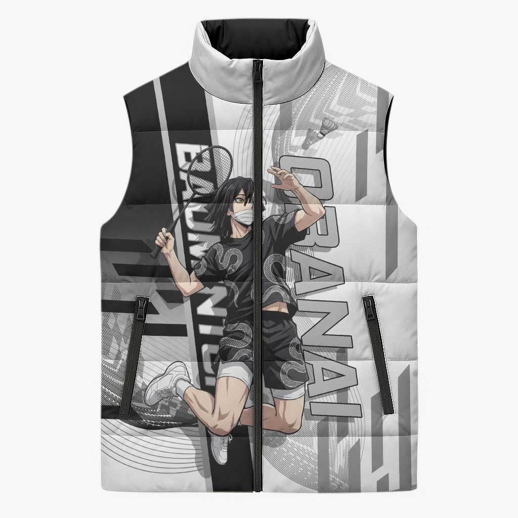 Personalized Obanai Iguro Demon Slayer Badminton Sleeveless Puffer Jacket with Racket Action Pose and Black White Graphic Design - The Mazicc