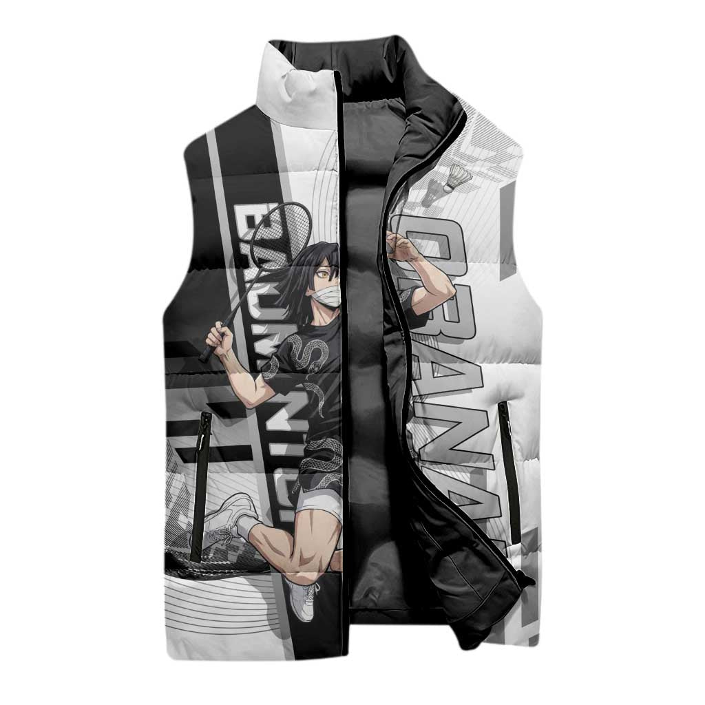 Personalized Obanai Iguro Demon Slayer Badminton Sleeveless Puffer Jacket with Racket Action Pose and Black White Graphic Design - The Mazicc