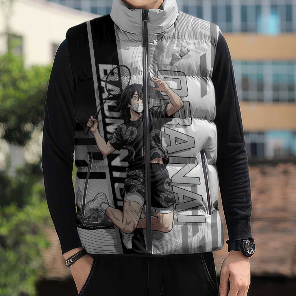 Personalized Obanai Iguro Demon Slayer Badminton Sleeveless Puffer Jacket with Racket Action Pose and Black White Graphic Design - The Mazicc