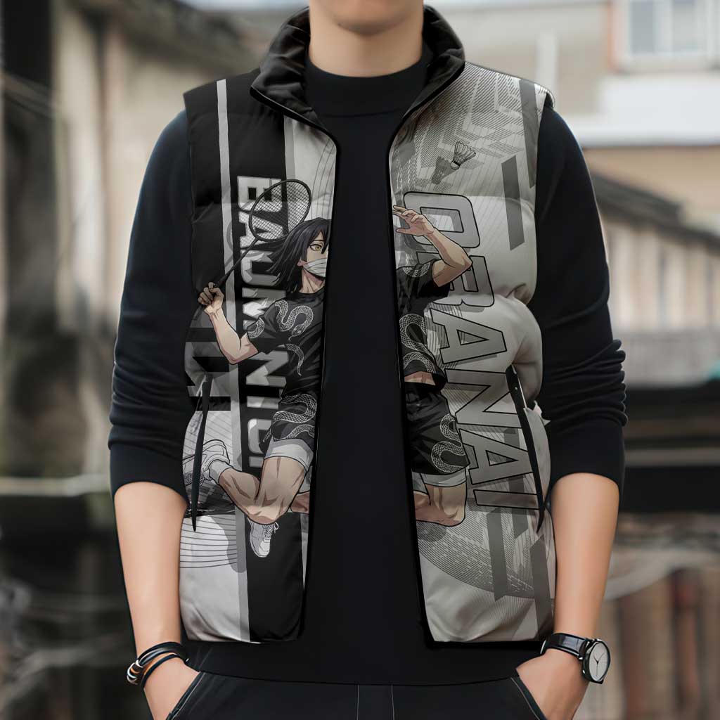 Personalized Obanai Iguro Demon Slayer Badminton Sleeveless Puffer Jacket with Racket Action Pose and Black White Graphic Design - The Mazicc