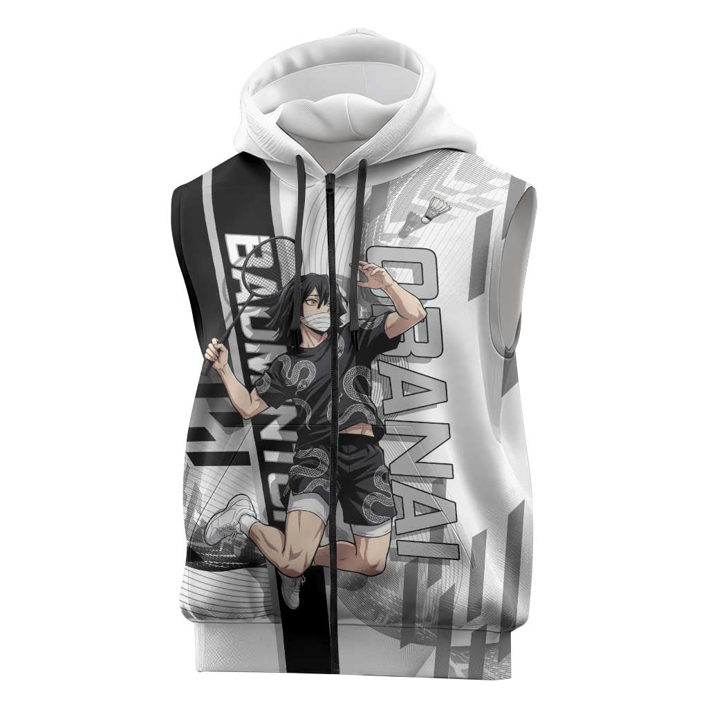 Personalized Obanai Iguro Demon Slayer Badminton Sleeveless Zip Hoodie with Racket Action Pose and Black White Graphic Design - The Mazicc