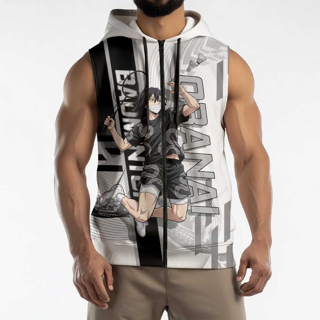 Personalized Obanai Iguro Demon Slayer Badminton Sleeveless Zip Hoodie with Racket Action Pose and Black White Graphic Design - The Mazicc