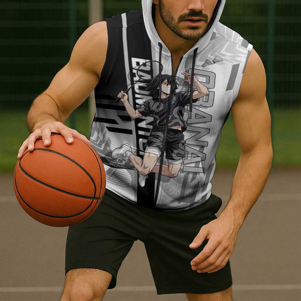 Personalized Obanai Iguro Demon Slayer Badminton Sleeveless Zip Hoodie with Racket Action Pose and Black White Graphic Design - The Mazicc