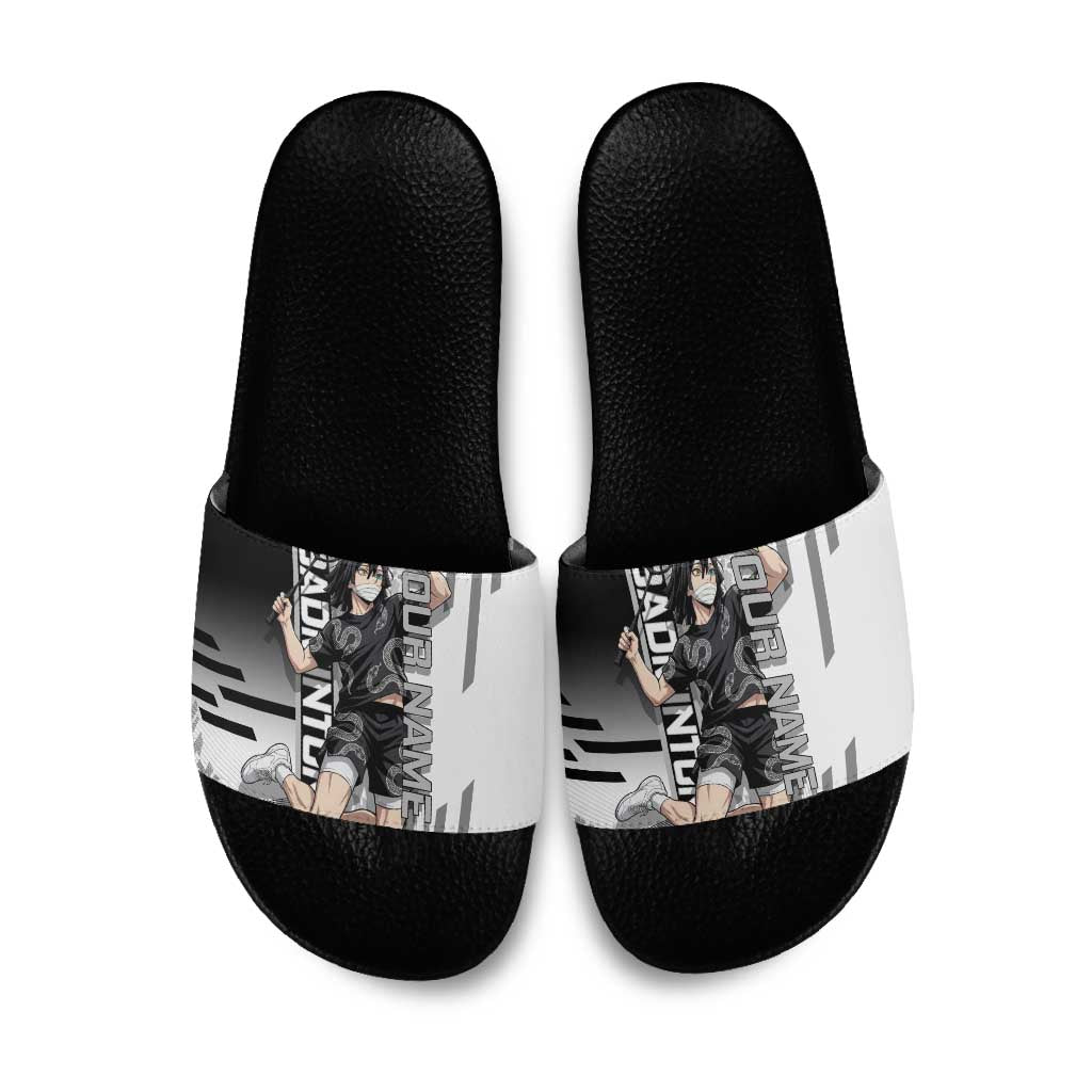 Personalized Obanai Iguro Demon Slayer Badminton Slide Sandals with Racket Action Pose and Black White Graphic Design - The Mazicc