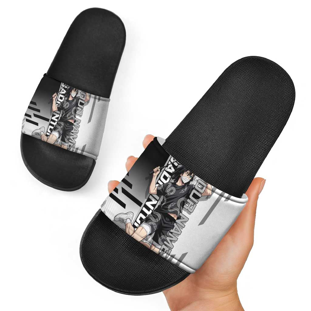 Personalized Obanai Iguro Demon Slayer Badminton Slide Sandals with Racket Action Pose and Black White Graphic Design - The Mazicc