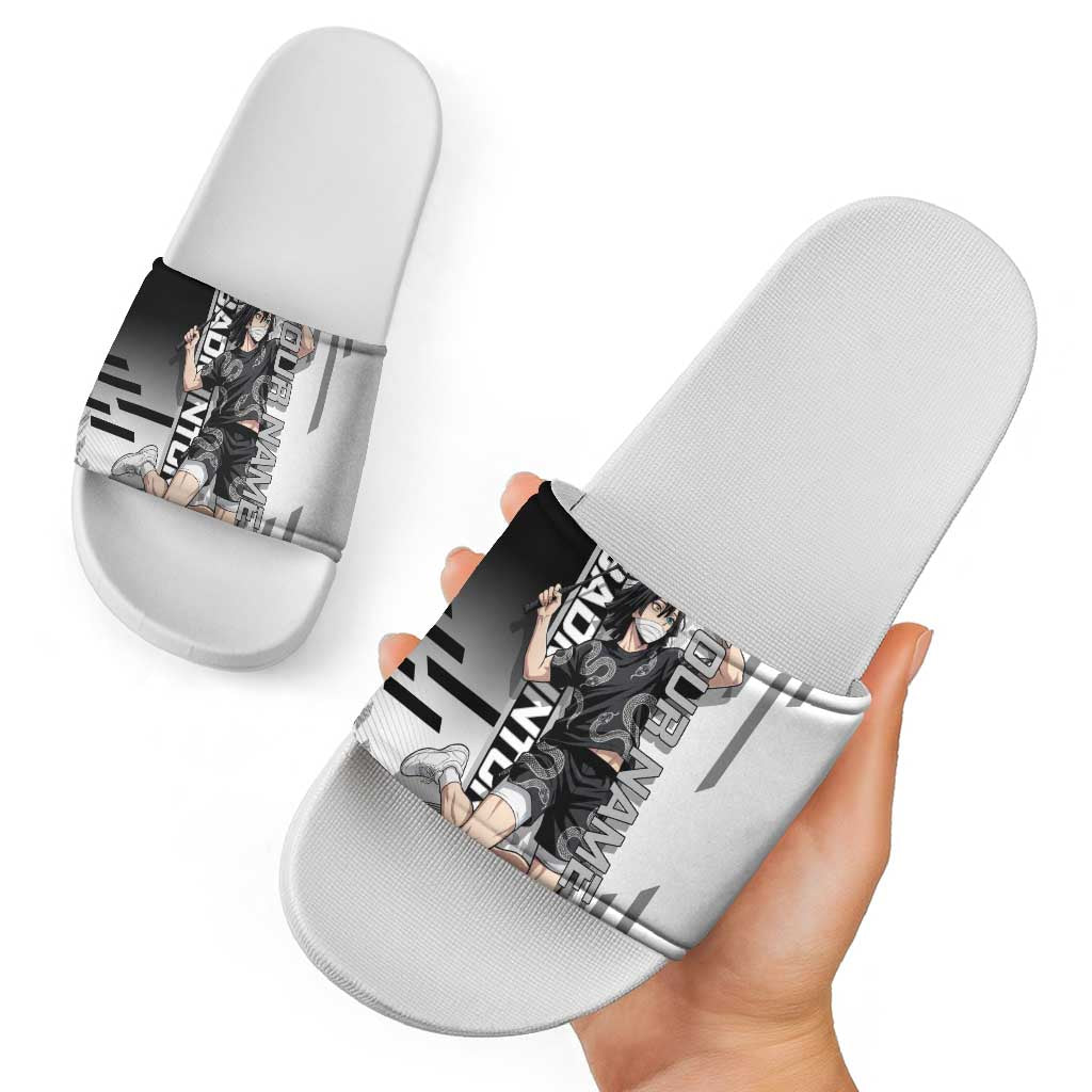 Personalized Obanai Iguro Demon Slayer Badminton Slide Sandals with Racket Action Pose and Black White Graphic Design - The Mazicc