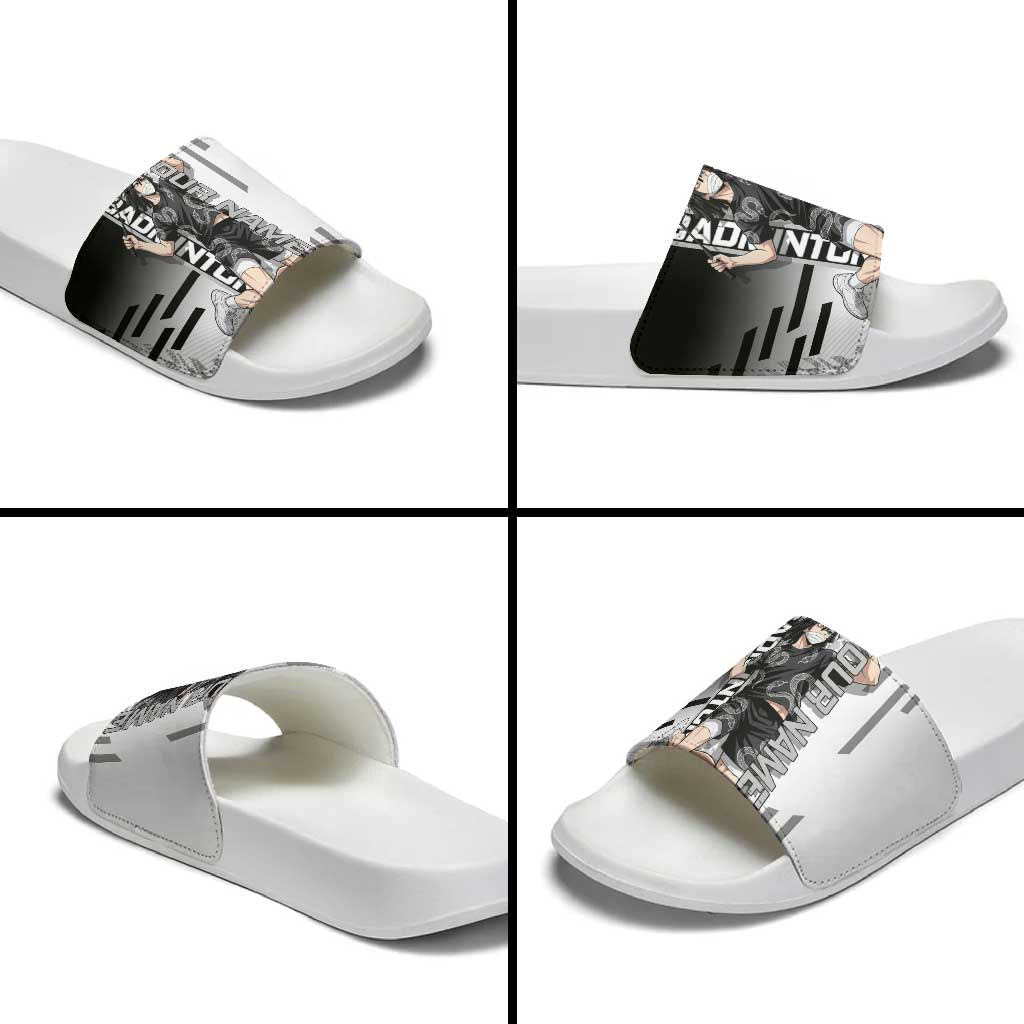 Personalized Obanai Iguro Demon Slayer Badminton Slide Sandals with Racket Action Pose and Black White Graphic Design - The Mazicc