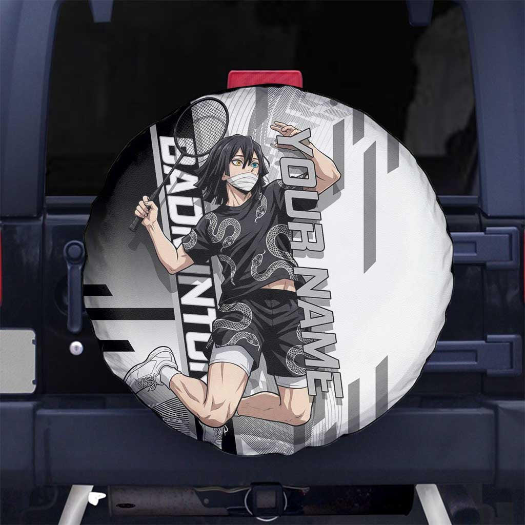 Personalized Obanai Iguro Demon Slayer Badminton Spare Tire Cover with Racket Action Pose and Black White Graphic Design - The Mazicc