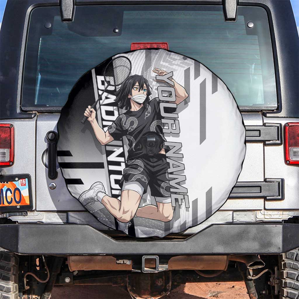 Personalized Obanai Iguro Demon Slayer Badminton Spare Tire Cover with Racket Action Pose and Black White Graphic Design - The Mazicc
