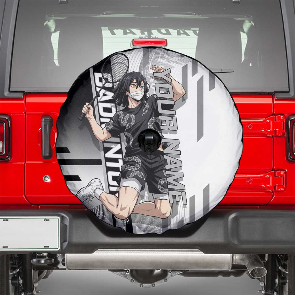 Personalized Obanai Iguro Demon Slayer Badminton Spare Tire Cover with Racket Action Pose and Black White Graphic Design - The Mazicc