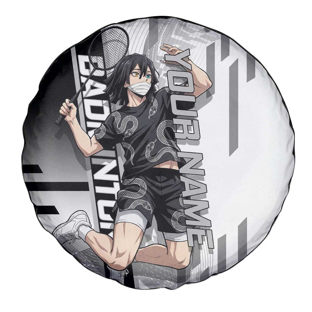 Personalized Obanai Iguro Demon Slayer Badminton Spare Tire Cover with Racket Action Pose and Black White Graphic Design - The Mazicc