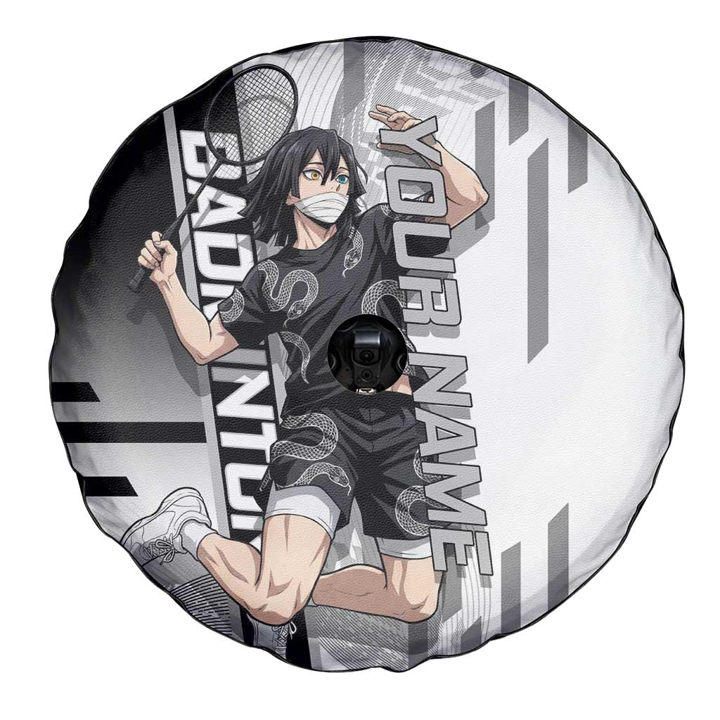 Personalized Obanai Iguro Demon Slayer Badminton Spare Tire Cover with Racket Action Pose and Black White Graphic Design - The Mazicc