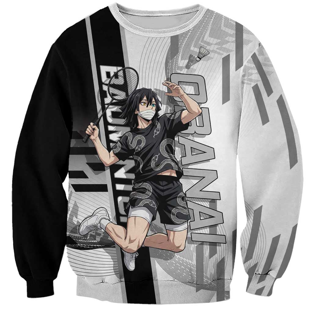 Personalized Obanai Iguro Demon Slayer Badminton Sweatshirt with Racket Action Pose and Black White Graphic Design - The Mazicc