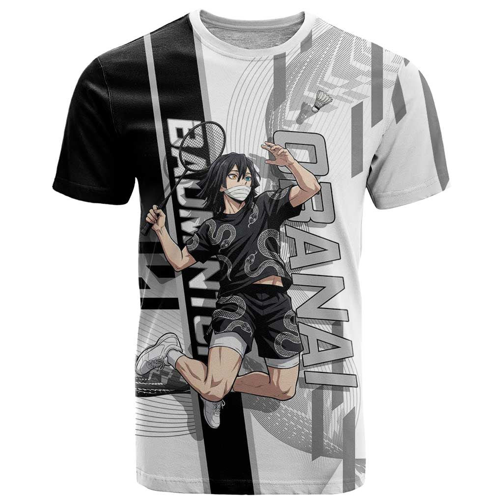 Personalized Obanai Iguro Demon Slayer Badminton T Shirt with Racket Action Pose and Black White Graphic Design - The Mazicc