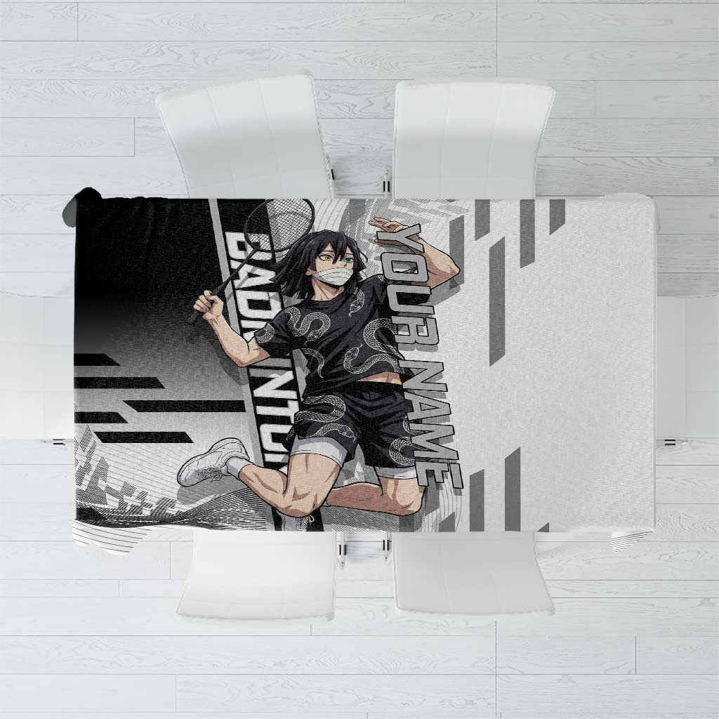 Personalized Obanai Iguro Demon Slayer Badminton Tablecloth with Racket Action Pose and Black White Graphic Design - The Mazicc