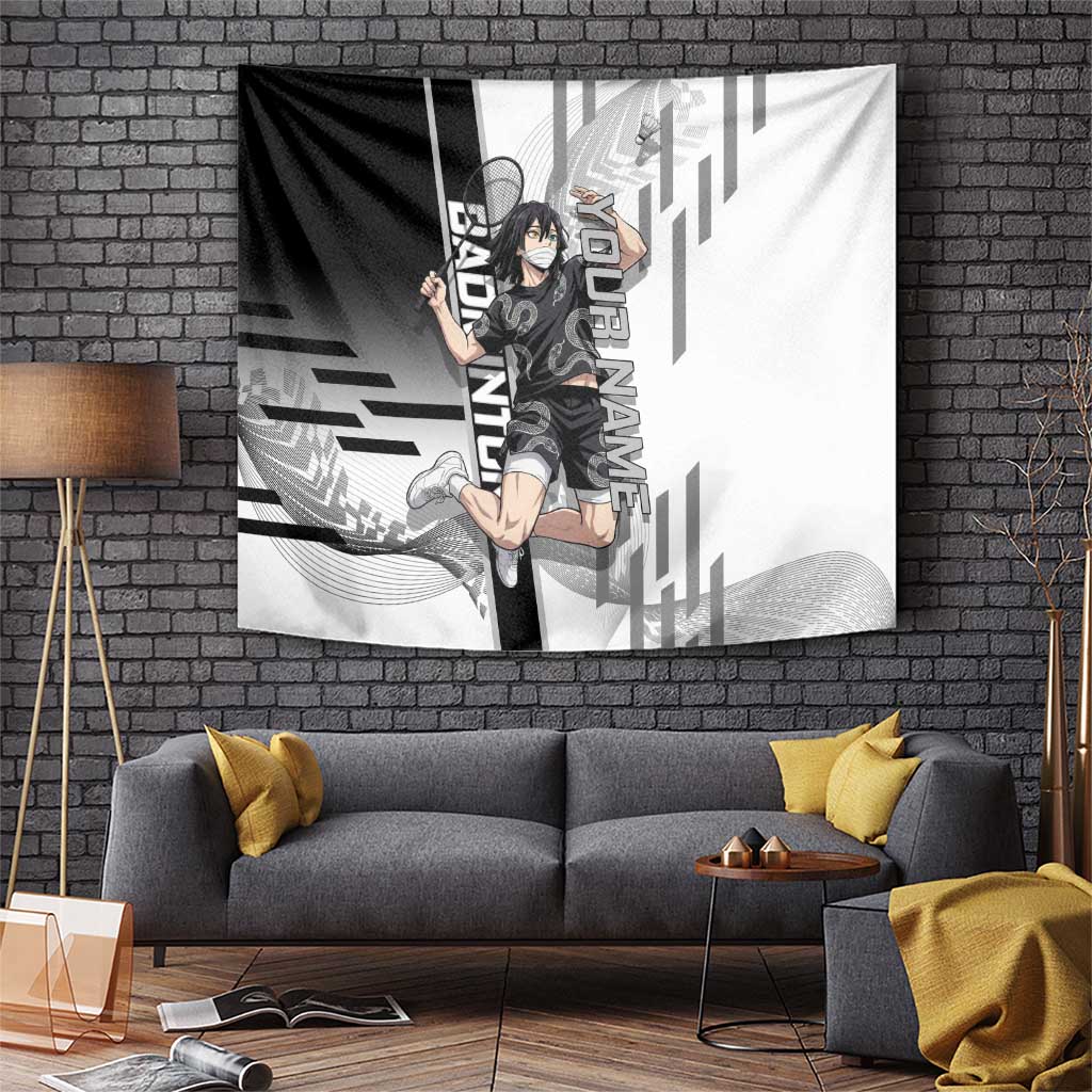 Personalized Obanai Iguro Demon Slayer Badminton Tapestry with Racket Action Pose and Black White Graphic Design - The Mazicc