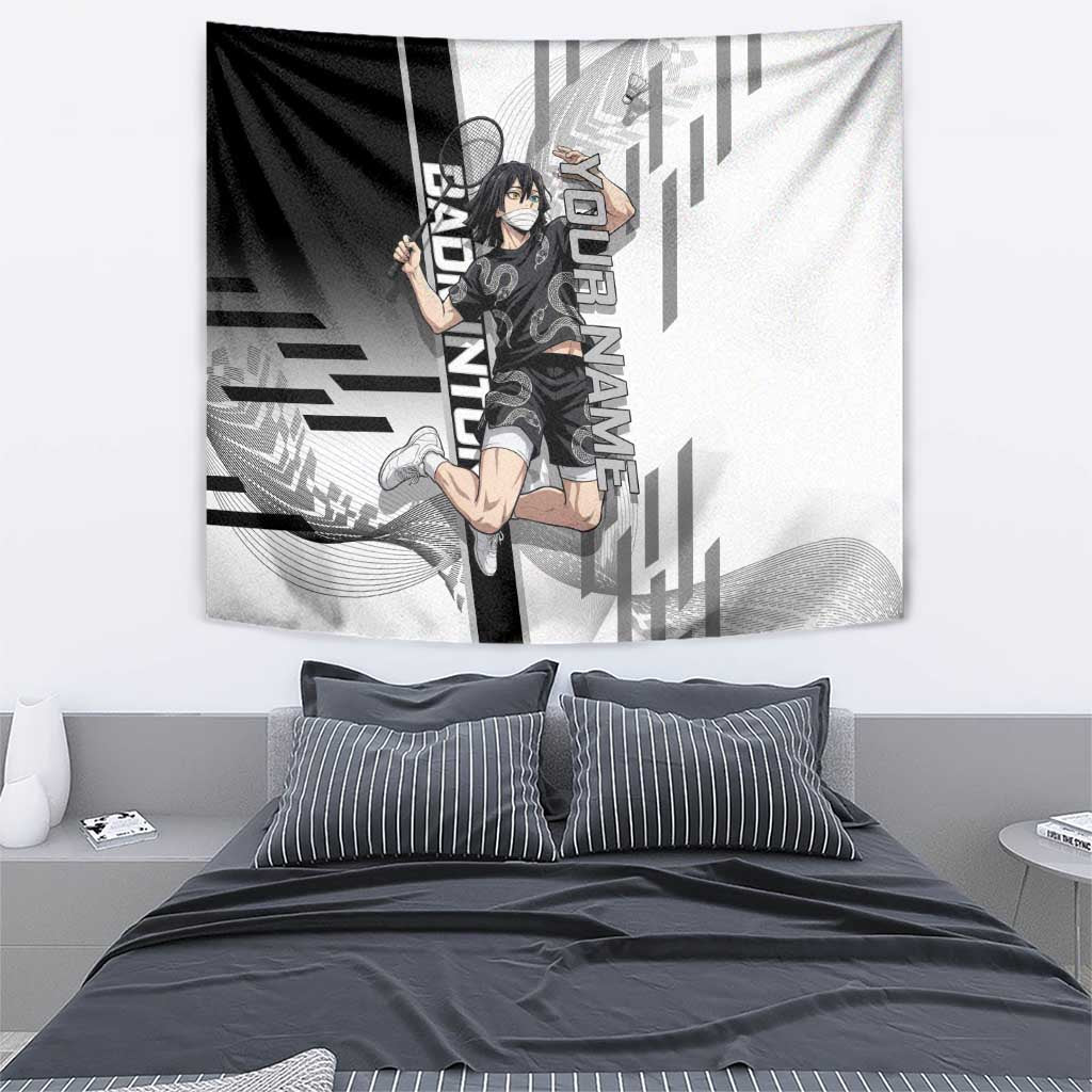 Personalized Obanai Iguro Demon Slayer Badminton Tapestry with Racket Action Pose and Black White Graphic Design - The Mazicc