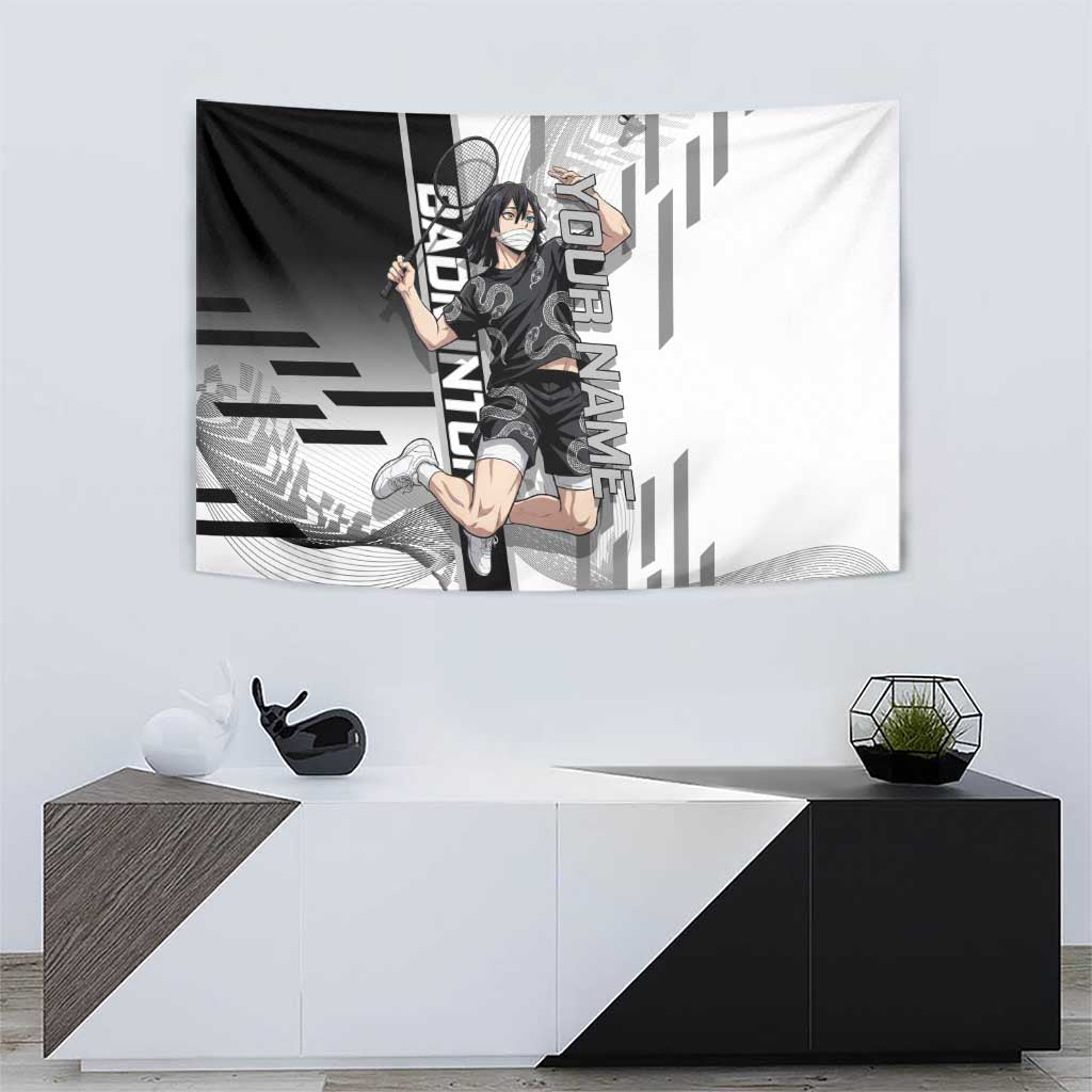 Personalized Obanai Iguro Demon Slayer Badminton Tapestry with Racket Action Pose and Black White Graphic Design - The Mazicc