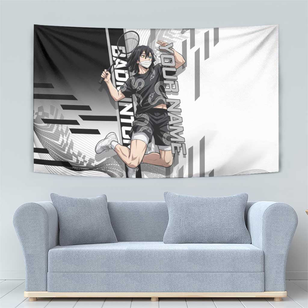 Personalized Obanai Iguro Demon Slayer Badminton Tapestry with Racket Action Pose and Black White Graphic Design - The Mazicc