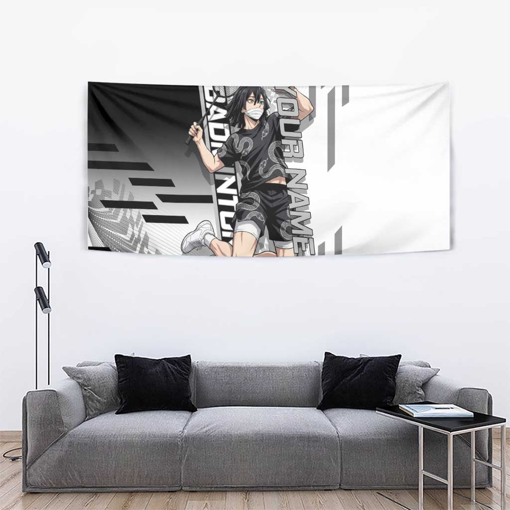 Personalized Obanai Iguro Demon Slayer Badminton Tapestry with Racket Action Pose and Black White Graphic Design - The Mazicc