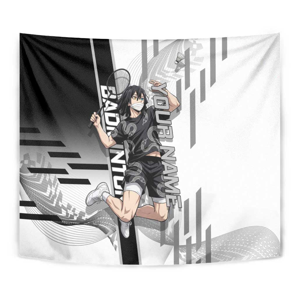 Personalized Obanai Iguro Demon Slayer Badminton Tapestry with Racket Action Pose and Black White Graphic Design - The Mazicc