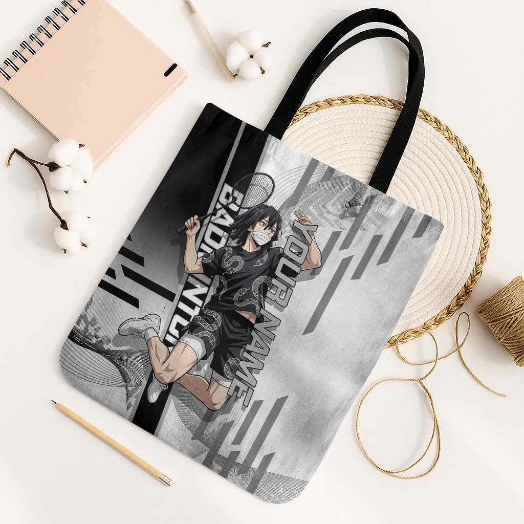 Personalized Obanai Iguro Demon Slayer Badminton Tote Bag with Racket Action Pose and Black White Graphic Design - The Mazicc