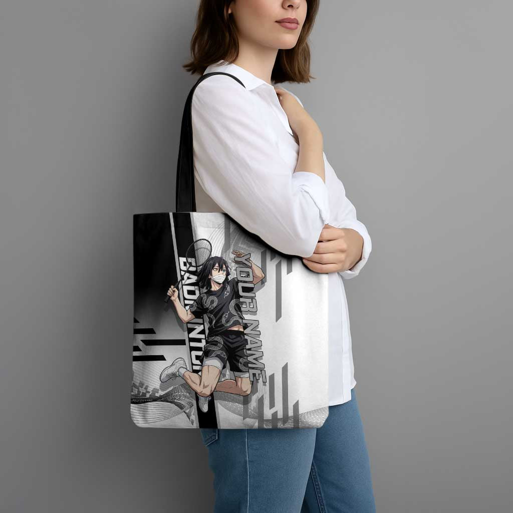 Personalized Obanai Iguro Demon Slayer Badminton Tote Bag with Racket Action Pose and Black White Graphic Design - The Mazicc