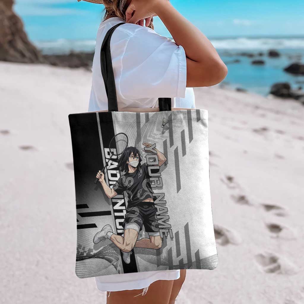 Personalized Obanai Iguro Demon Slayer Badminton Tote Bag with Racket Action Pose and Black White Graphic Design - The Mazicc