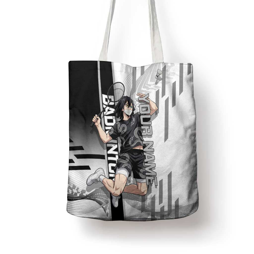 Personalized Obanai Iguro Demon Slayer Badminton Tote Bag with Racket Action Pose and Black White Graphic Design - The Mazicc