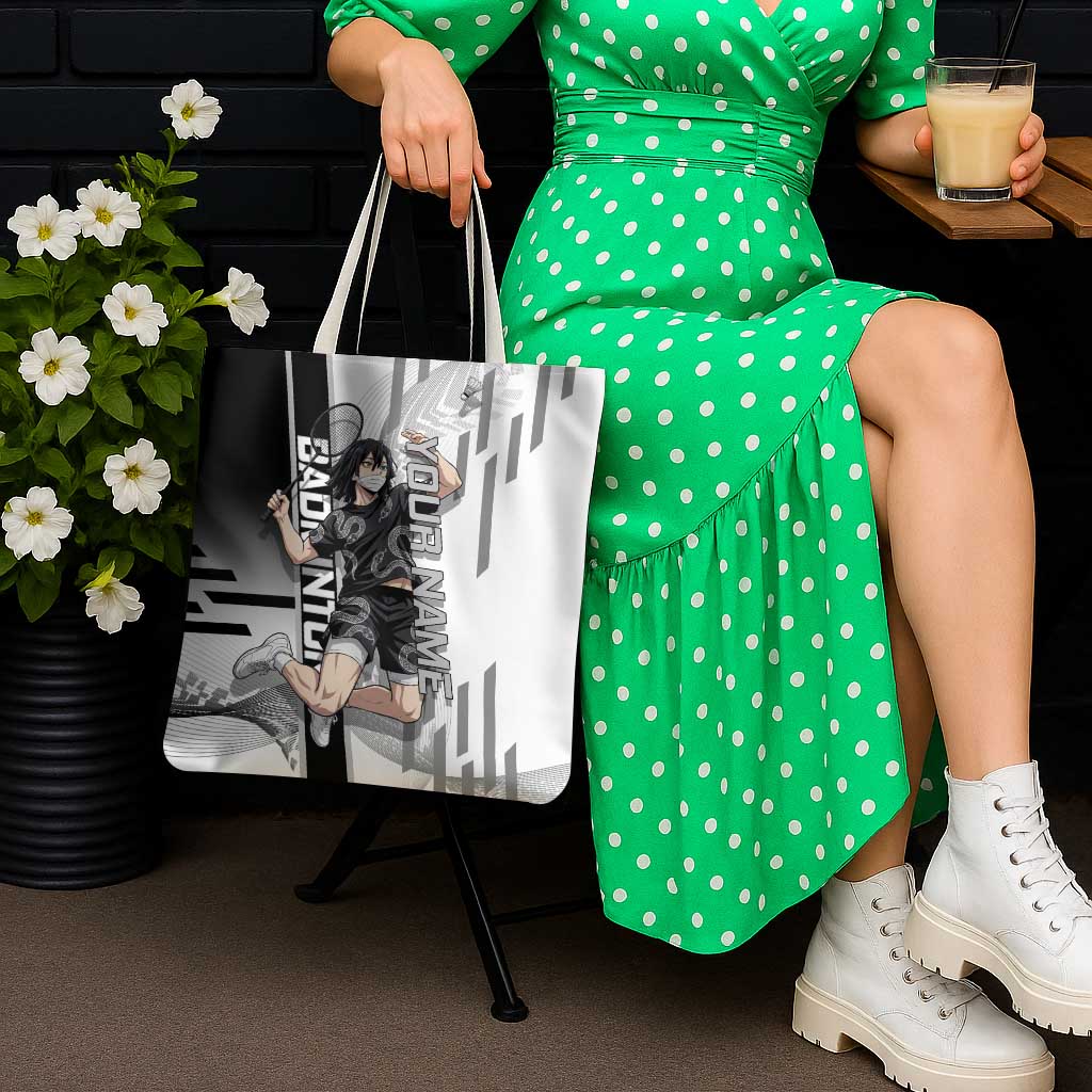 Personalized Obanai Iguro Demon Slayer Badminton Tote Bag with Racket Action Pose and Black White Graphic Design - The Mazicc