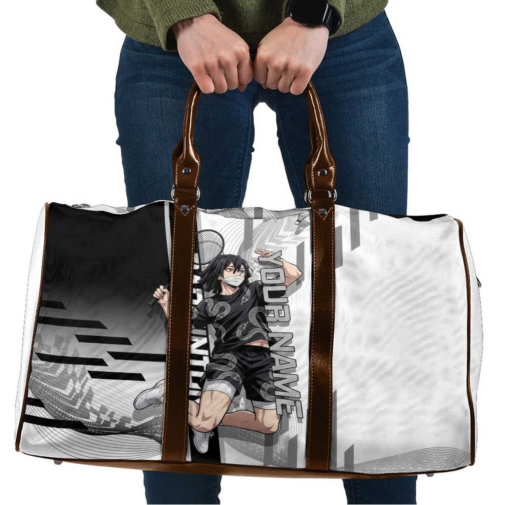 Personalized Obanai Iguro Demon Slayer Badminton Travel Bag with Racket Action Pose and Black White Graphic Design - The Mazicc