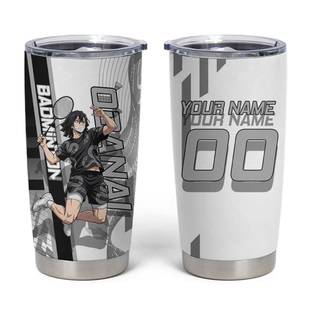 Personalized Obanai Iguro Demon Slayer Badminton Tumbler Cup with Racket Action Pose and Black White Graphic Design - The Mazicc