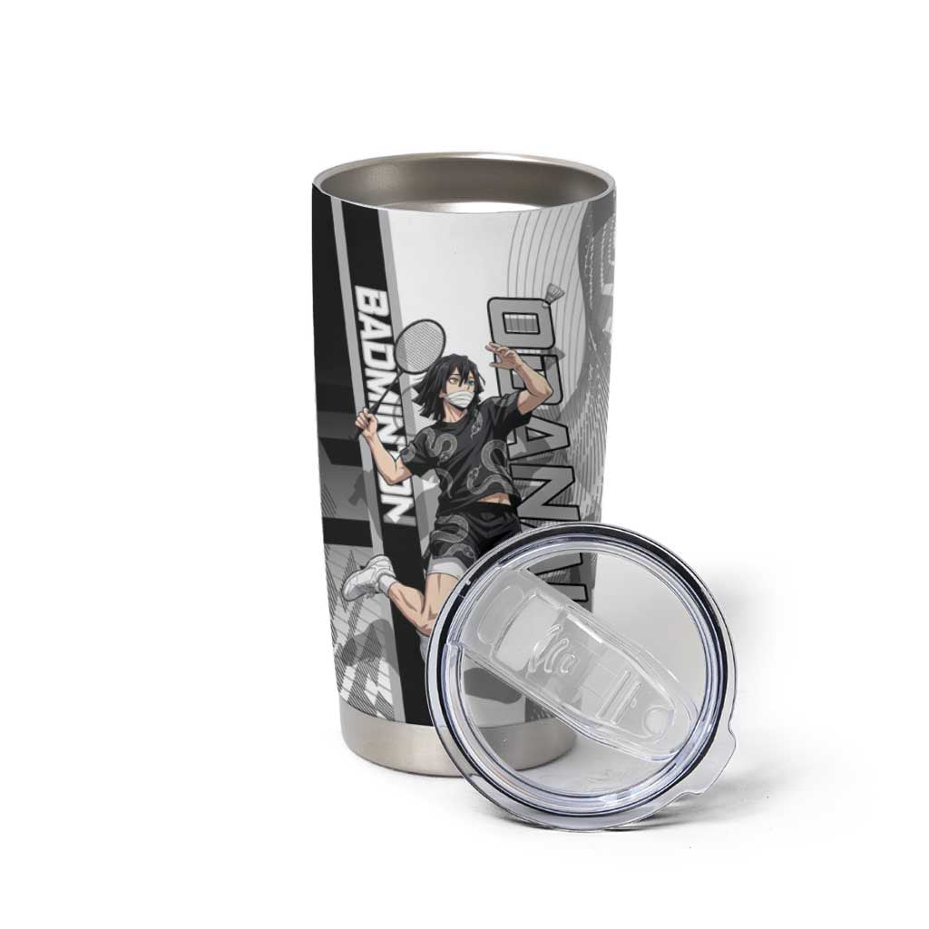 Personalized Obanai Iguro Demon Slayer Badminton Tumbler Cup with Racket Action Pose and Black White Graphic Design - The Mazicc