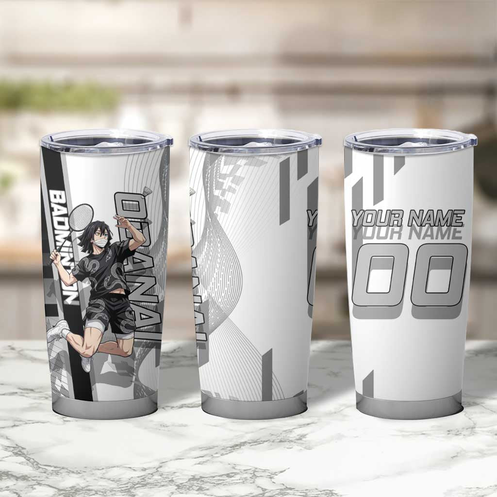 Personalized Obanai Iguro Demon Slayer Badminton Tumbler Cup with Racket Action Pose and Black White Graphic Design - The Mazicc