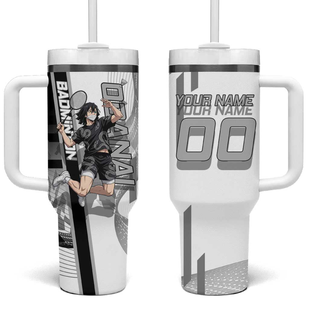 Personalized Obanai Iguro Demon Slayer Badminton Tumbler With Handle with Racket Action Pose and Black White Graphic Design - The Mazicc