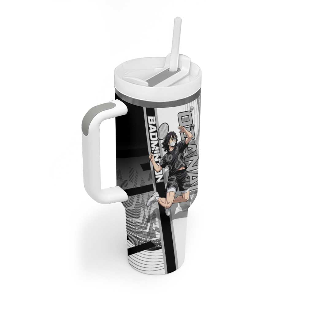 Personalized Obanai Iguro Demon Slayer Badminton Tumbler With Handle with Racket Action Pose and Black White Graphic Design - The Mazicc