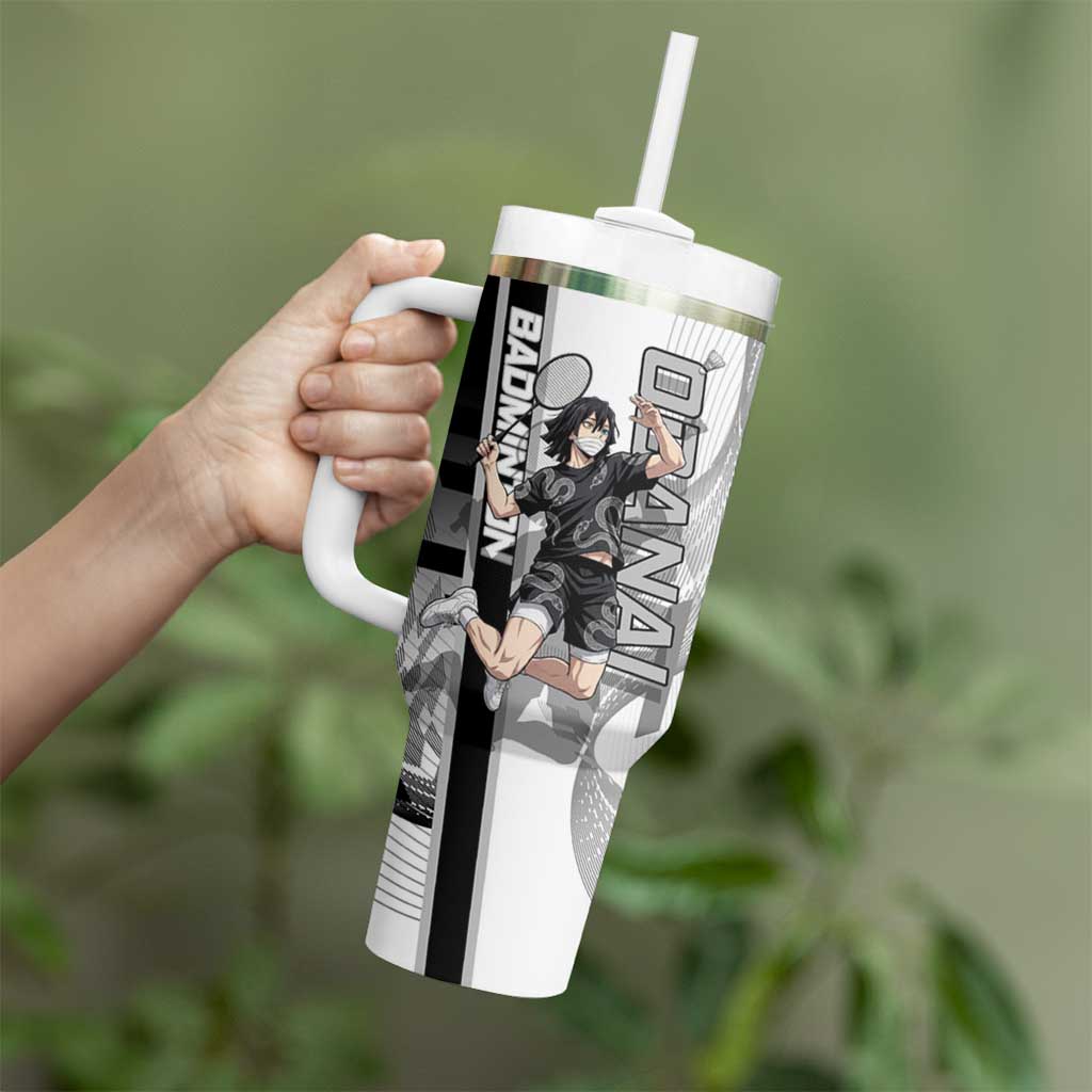 Personalized Obanai Iguro Demon Slayer Badminton Tumbler With Handle with Racket Action Pose and Black White Graphic Design - The Mazicc