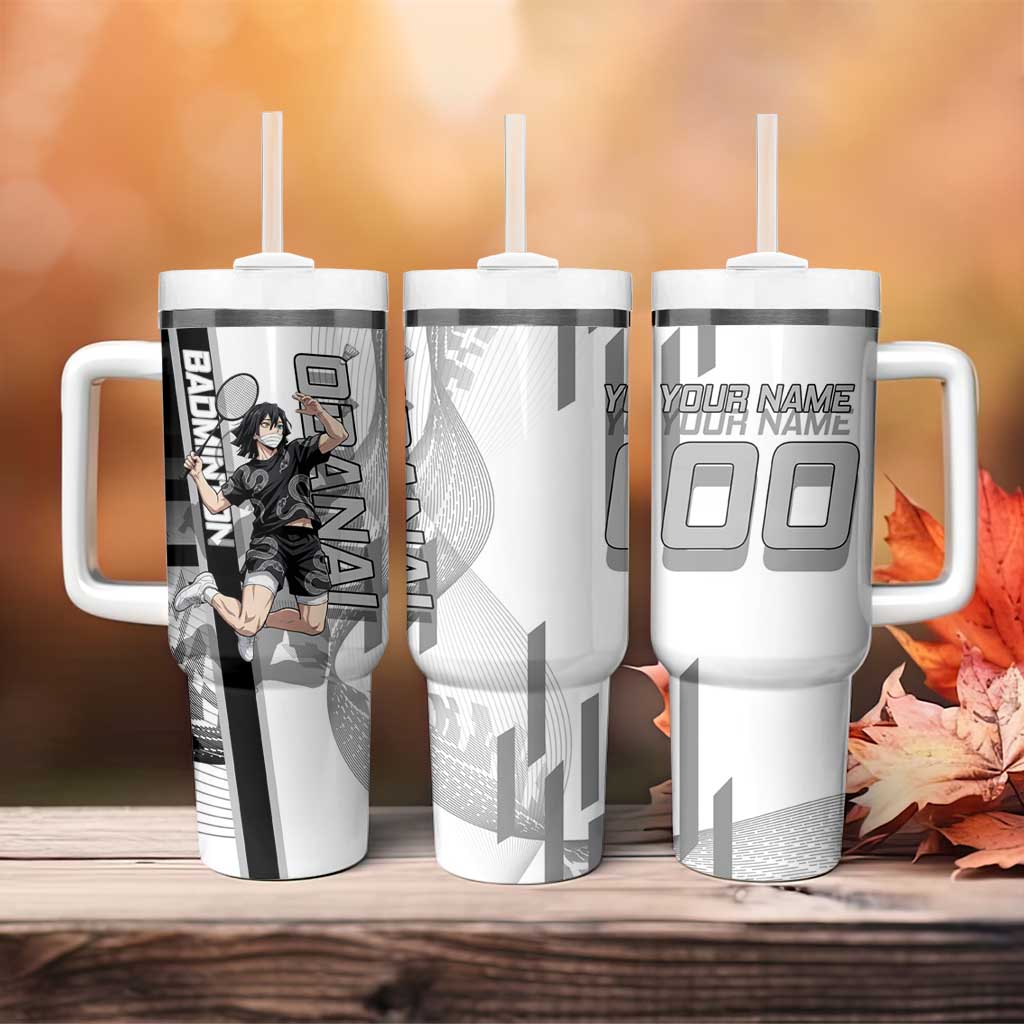 Personalized Obanai Iguro Demon Slayer Badminton Tumbler With Handle with Racket Action Pose and Black White Graphic Design - The Mazicc